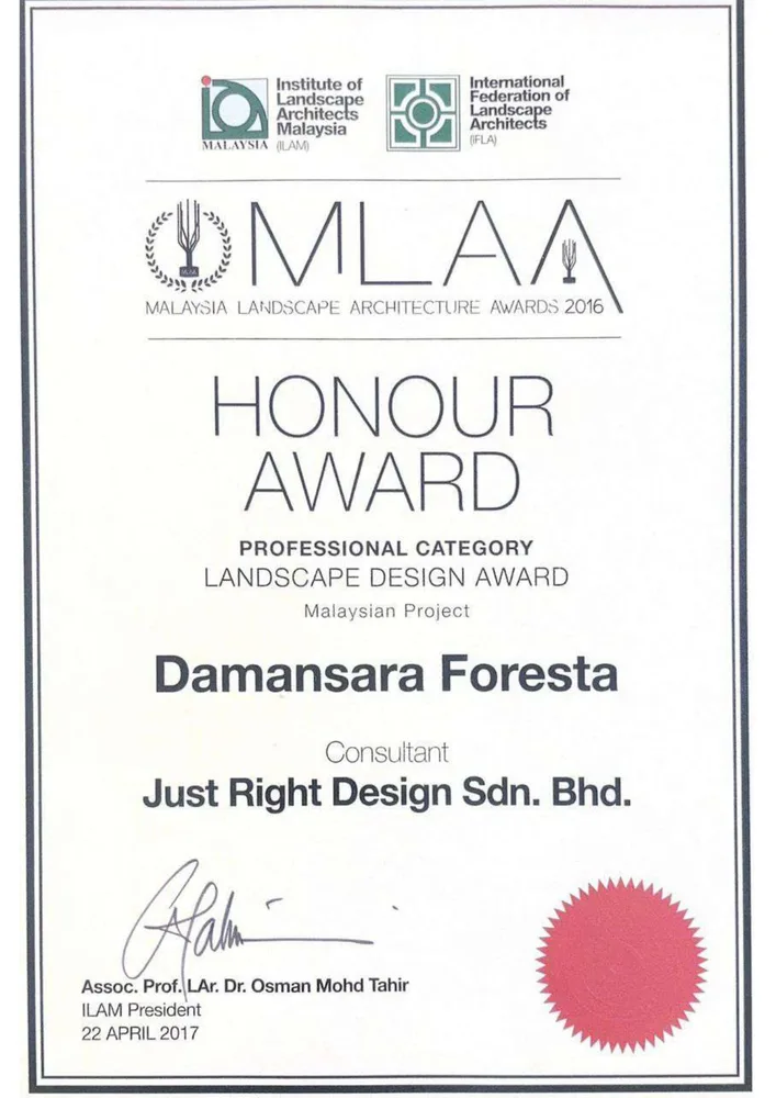 Malaysia Landscape Architecture Awards 2016 certificate