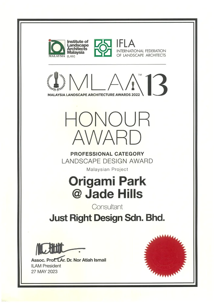Origami Park certificate